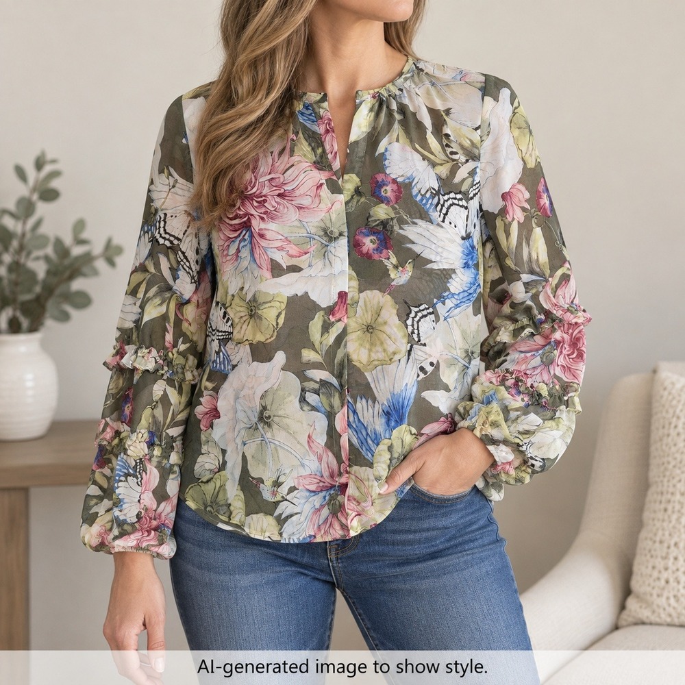 White House Black Market Blouse Women S Floral Bird Chiffon Ruffle Long Sleeve